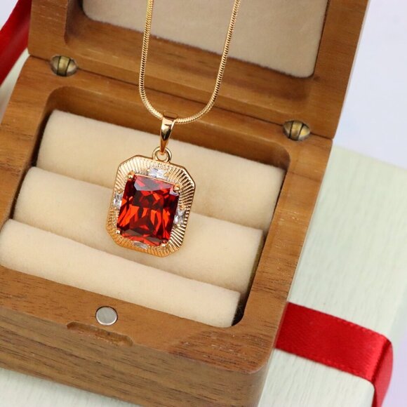 "Red Rectangle Pendant with Gold Frame and Sparkling Stone Accents, XPPT1787 - Picture 6 of 12